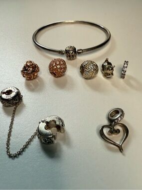 Michael Hill 925 Sterling Silver Charm Bangle Bracelet Bundle | Rose Gold Pavé